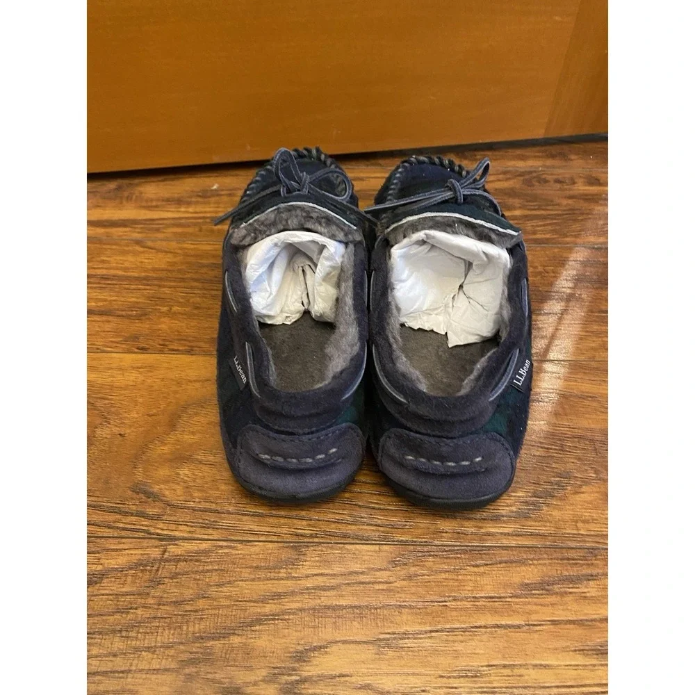 L.L.Bean Men's Wicked Good Plaid Flannel Moccasin Slippers Size 9 Blue Green